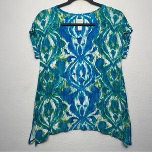 Chico’s Ikat Blouse Blue Green Tunic 0 / XS